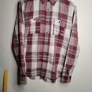 Men's Casual Plaid Button-Down Shirt - Burgundy and Gray